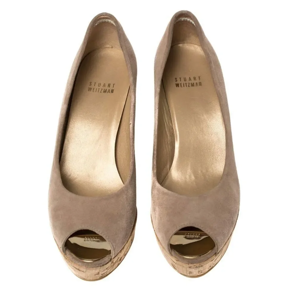 Stuart Weitzman Anna Wedge Peep Toe Designer Shoes Women Sz 8‎ Tan Suede Luxury